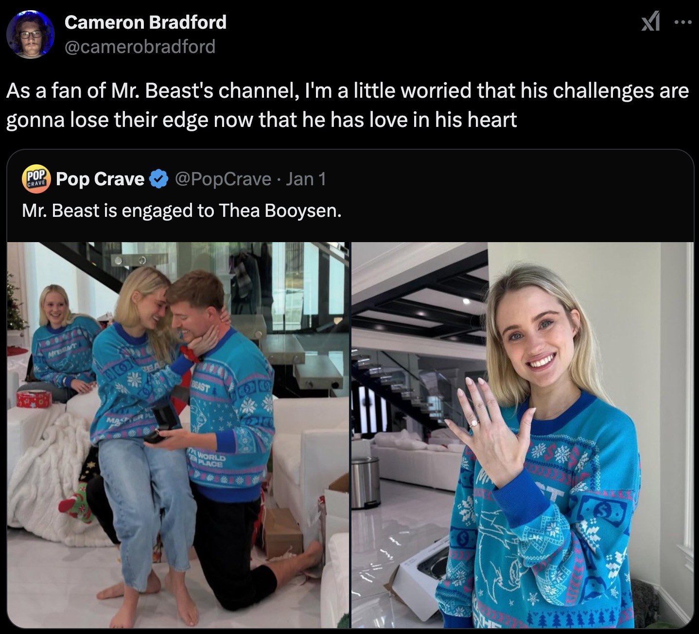 Thea Booysen - Cameron Bradford x1 ... As a fan of Mr. Beast's channel, I'm a little worried that his challenges are gonna lose their edge now that he has love in his heart Pop Pop Crave Jan 1 Mr. Beast is engaged to Thea Booysen. Mrba C Ea Beast Maser Pl